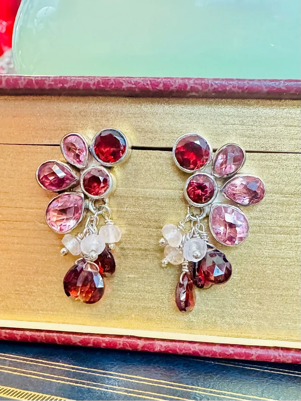 Vtg SAJEN Sterling Silver Pink Tourmaline Garnet Cluster Drop Earrings